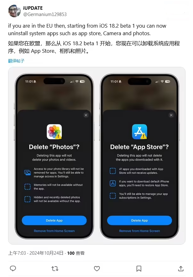 镇远苹果手机维修分享iOS 18.2 支持删除 App Store 应用商店 