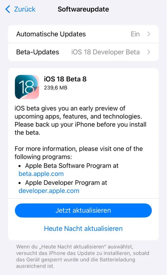 镇远苹果手机维修分享苹果 iOS / iPadOS 18 开发者预览版 Beta 8 发布 